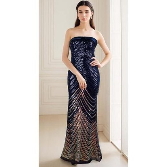 Gold Navy Blue Sequined Strapless Bodcongown Dress Corset Back Size 6 NWT - Picture 1 of 14